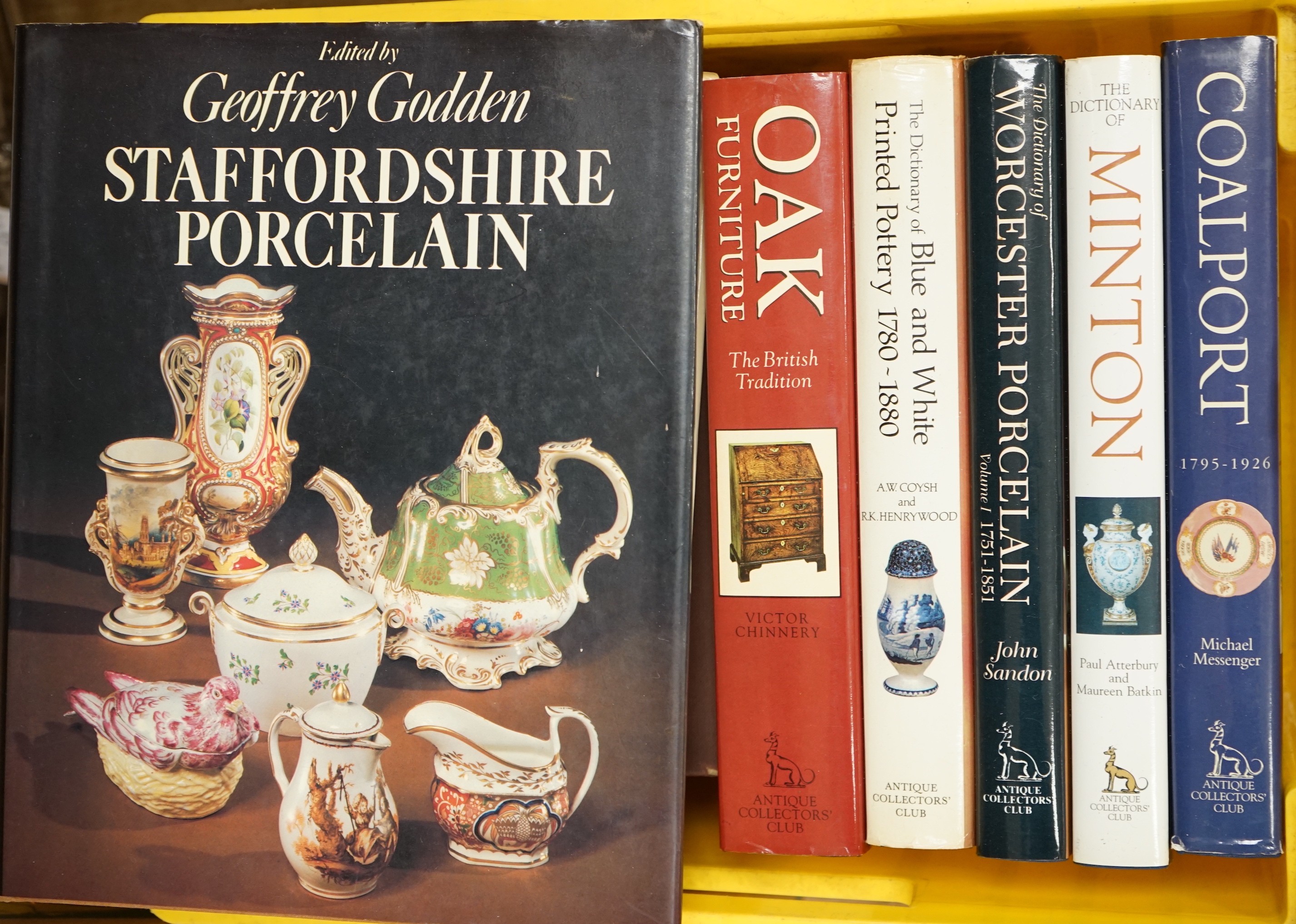 A selection of antique reference books, to include Staffordshire porcelain, Coalport, Minton etc.